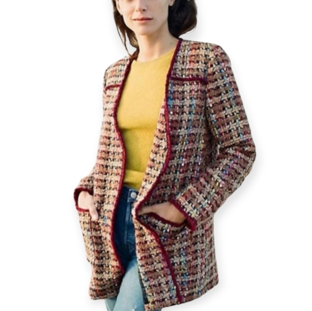 Anthropologie ett:twa Harlequin Boyfriend Fit Tweed Plaid Longline Jacket Small